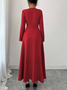 Elenzga Women's Elegant Coffee Brown Round Neck Front Zipper High-End Design Waist Fitted Flared Long Sleeve Midi Dress, Suitable For Commuting In Autumn - Red - View 2