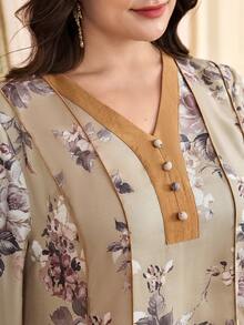 Al Najma 大码女式V领印花长袖土耳其/阿拉伯传统长裙 - 咖啡棕 - 查看 7