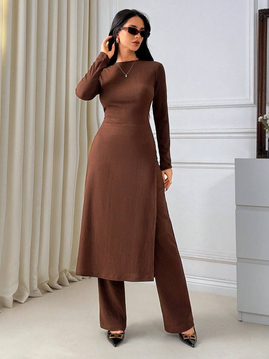 EURMUSE High-Neck Longline Tunic, Side-Slit Detail, Slim Fit Silhouette, Long Sleeves, Matching Flared Pants, Soft Stretchy Fabric, Elegant Minimalist Set, Timeless Grey Tone, Comfortable All-Day Wear, Modern Chic Look - Brown - View 1