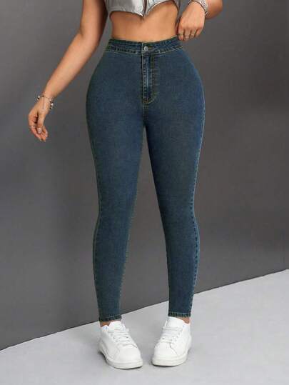 SHEIN PETITE Damen Slim Fit Jeans mit Taschen und Knöpfen für den Alltag