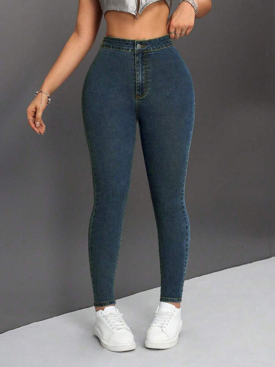 SHEIN PETITE 女士口袋纽扣修身日常休闲牛仔裤 - 深色水洗藍 - 查看 1