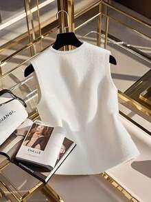 GlowEve 秋冬新款金属扣口袋套头圆领休闲舒适时尚优雅百搭女士毛衣背心 - 白色 - 查看 2