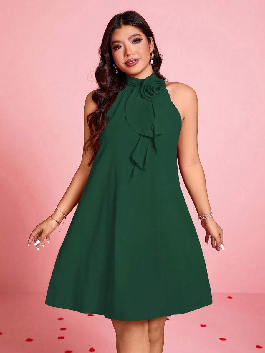 DreamSkyne Váy chữ A cổ bèo nhún họa tiết hoa 3D thanh lịch dành cho nữ, ngày lễ tình nhân - Màu xanh lá cây đậm - Xem 1