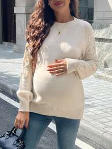 Momance Maternity Basic Crew Neck Long Sleeve Sweater, Casual Everyday Wear, Autumn/Winter - Khaki - View 3