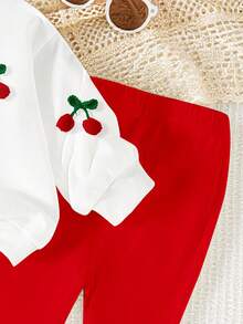 SHEIN 2pcs Baby Girl/Unisex Infant Toddler 0-3Y Casual Fashion Cute 3D Embroidery-Look Cherry Print Crew Neck Sweatshirt And Solid Color Bell-Bottom Pants Set, Suitable For Autumn/Winter, Daily, Outdoor, Home, Versatile, Stylish - Multicolor - View 5