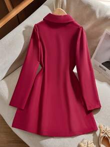 Sparklyn 女童休闲舒适优雅日常百搭V领纽扣褶裥下摆修身外套 - 酒紅色 - 查看 2