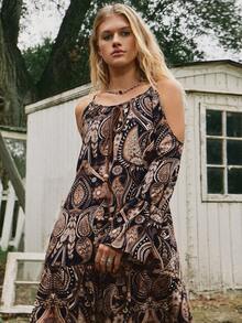 Freevana Women's All-Over Print Ruffle Hem Casual Vacation Long Sleeve Midi Dress Western Boho Summer Clothes Women Short Sets For Women - Coffee Brown - View 2