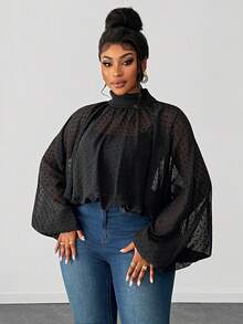 Maweii 大码女式时尚性感波点印花薄纱衬衫 - 黑色 - 查看 5