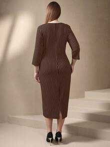 Chikora Plus Size Women's Mid-Length Notched Neck Dress,Black And White,Autumn,Elegant,Formal,3/4 Sleeve Vertical Stripe Pencil Skirt,Office Minimalist Dress - Coffee Brown - View 2