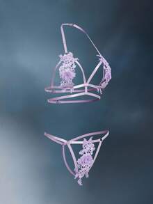 SHEIN Solid Color Applique Sheer Sexy Bra And Panty Lingerie Set - Mauve Purple - View 4