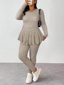 Vionelle 大码女式纯色荷叶边圆领长袖T恤和修身裤休闲套装 - 卡其色 - 查看 6