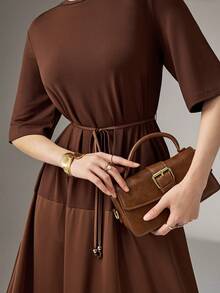 Heiryn Women's Solid Color Round Neck Short Sleeve Casual Dress - Brown - View 2