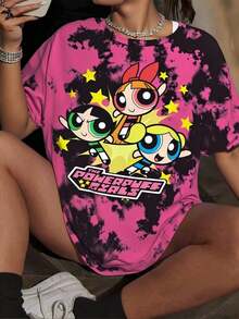 THE POWERPUFF GIRLS X SHEIN 加大码圆领短袖 T 恤，舒适休闲，带有扎染和花朵、泡泡、毛茛图案 - 白色 - 查看 3