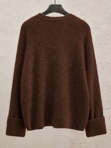 NostaNoir Set Atasan dan Rok Rajut Lengan Panjang Kerah Bulat Warna Polos untuk Wanita Ukuran Besar - Coffee Brown - View 2