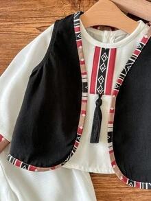 Newborn Baby Girl Cute Color Block Geometric Pattern Long Sleeve Shirt & Elastic Waist Pants Set - Black and White - View 8