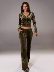 TRNVIE Women's Y2K Velvet Zip-Up Cropped Hoodie And Ultra Low-Rise Flare Pants Set, Casual - Army Green - View 3