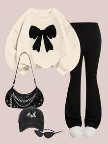 Sparklyn 2pcs/Set Tween Girl Bow Graphic Casual Loose Fit Crew Neck Long Sleeve Sweatshirt And Flare Pants Set, Suitable For Winter