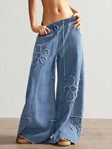 Bohemela Quần jean ống rộng màu trơn thường ngày dành cho nữ - Rửa trung bình - Xem 8