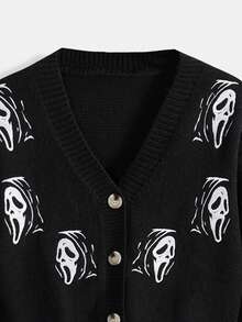 ROMWE Goth 女士复古哥特骷髅头刺绣开衫 - 黑色 - 查看 3