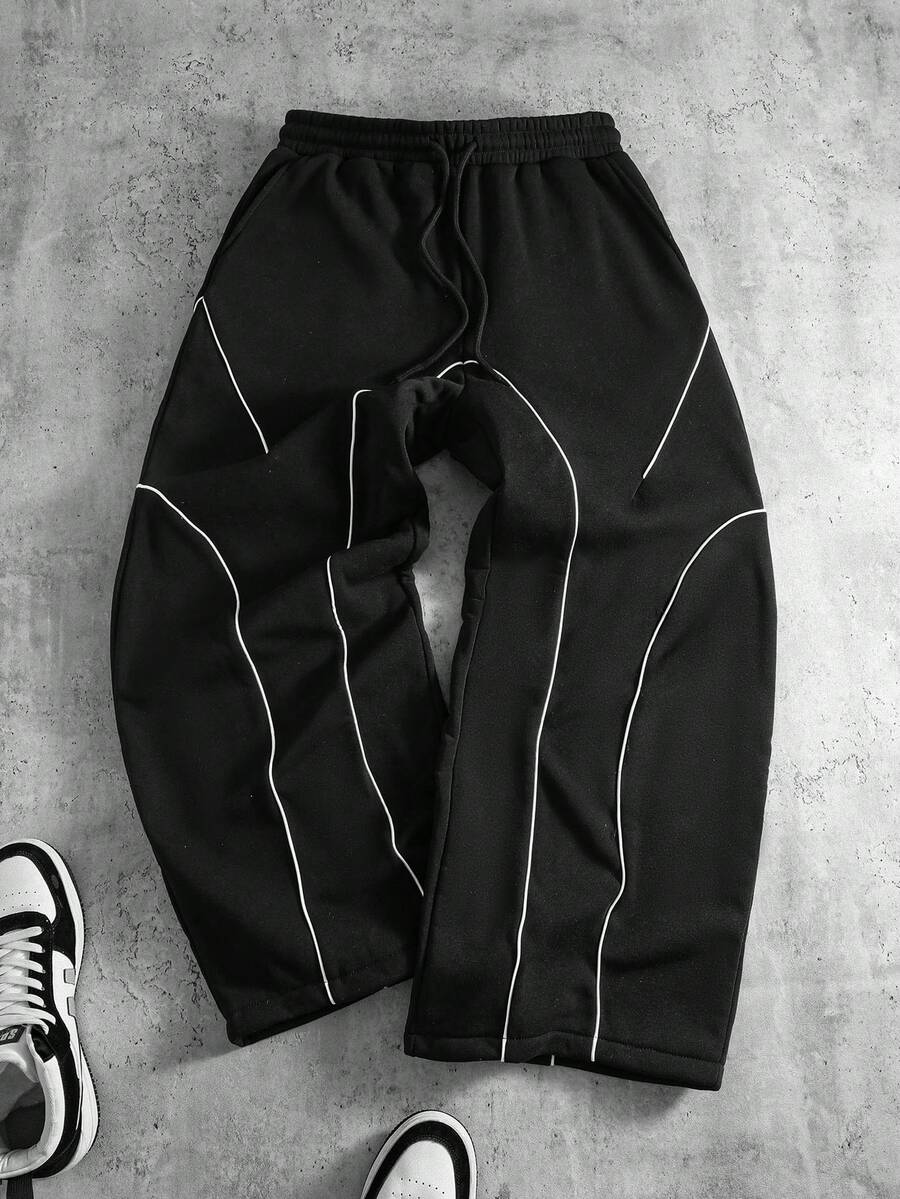 PAVTROS 男士撞色绑带抽绳口袋宽松休闲运动裤，外出长街穿着超大号拼色运动裤，适合丈夫、男朋友的礼物 - 黑色 - 查看 1