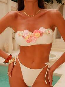 Swim Chiccia Women's Solid Color Sexy Tube Floral Decor Backless Removable Strap Tie-Up Triangle Bikini Swimwear 2-Piece Set, Spring/Summer - Beige - View 3