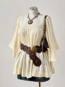 Sunspun 大码女式纯色新款优雅复古波西米亚风时尚休闲朋克风圆领蕾丝拼接A字半袖喇叭袖口衬衫，适合日常穿着、返校季、度假、春季、夏季、秋季、感恩节、情人节、音乐节派对等场合。 - 杏色 - 查看 7