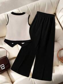 GlowEve CURVE Plus Size Women 2 Pieces Set, Sleeveless Top And Pants, Minimalist & Fashionable - Black and White - View 2