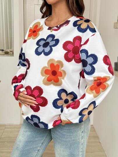 SHEIN Sudadera casual holgada de manga larga con cuello redondo y hombros caídos, con estampado floral para maternidad