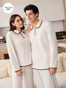CoupledUp 男士舒适休闲翻领三粒扣长袖睡衣套装，秋冬款 - 米色 - 查看 4