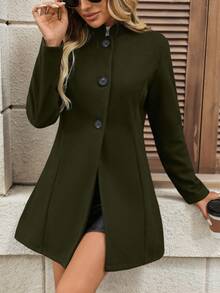 INAWLY 女士羊毛混纺大衣，简约纯色休闲外套，适合秋冬季节，女士冬季外套，夹克 - 墨綠色 - 查看 4