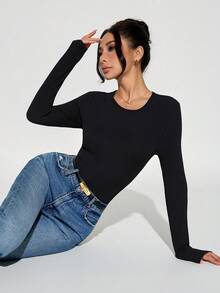 SHEIN PETITE 2pcs Solid Slim Fit Spring Women Bodysuit Black Body Suit Long Sleeve Bodysuit Bodysuit Romper Black Bodysuit Women Sexy Body Suit - Black - View 8