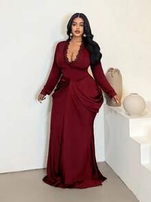 Maweii Váy dài tay cổ chữ V gợi cảm, thắt eo, váy dạ hội cỡ lớn - Màu Đỏ Sâu - Xem 5