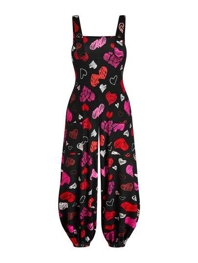 Lyrianda Damen Jumpsuit in Große Größen, lässiger Sommerstil, modischer Streetstyle, Urlaubsoutfit mit Herz-Muster