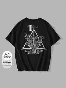 HARRY POTTER X SHEIN Camiseta gráfica holgada y casual de mujer con patrón blanco y negro "Las Reliquias de la Muerte", camiseta súper holgada, camiseta gráfica, camiseta negra - Negro - Ver 7