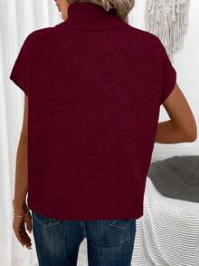 EURMUSE Women's Casual Solid Color Turtleneck Batwing Sleeve Sweater Vest, Summer - Burgundy - View 2