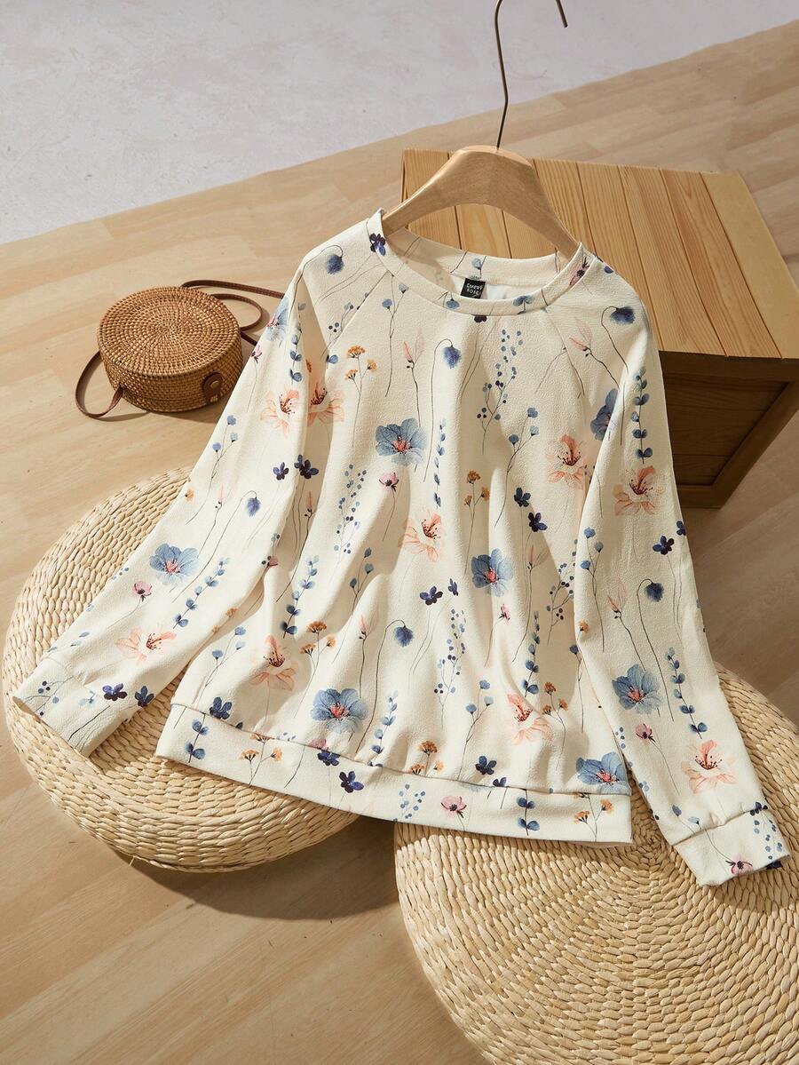 EMERY ROSE Sudadera holgada de ajuste casual con estampado floral acuarela de manga raglán, adecuada para otoño/invierno