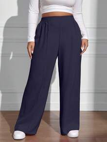 Pantalones rectos de cintura elástica de unicolor casual de talla grande, otoño - Azul Marino - Ver 5