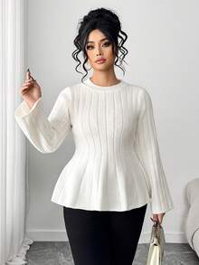 Elenzga Pulover mărime mare, guler rotund, siluetă linie A, tricotaj gros, top culoare uni, toamnă/iarnă - alb - Vizualizare 7