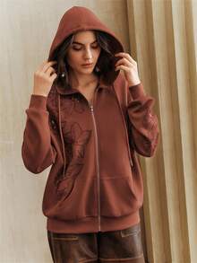 Anewsta Women's Hooded Zip-Up Sweatshirt With Elegant Floral Embroidery And Sequin Accents, Long Sleeve With Pockets, Suitable From Spring To Summer - Rust Brown - View 2