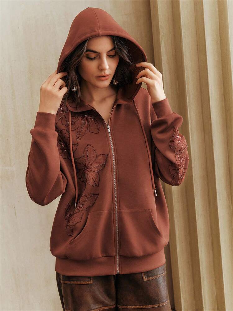 Women's Hooded Zip-Up Sweatshirt With Elegant Floral Embroidery And Sequin Accents, Long Sleeve With Pockets, Suitable From Spring To Summer