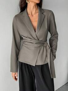 SHEIN Tall Women's Metal Decoration Brown Gray Imitation Linen Waist Suit Jacket/Fall Women Clothes/Fall Outfits Women /Fall Outfits/Back To School/Homecoming/Business Casual Woman /Old Money Style Women/Office Outfits For Women/Going Out Outfits,Fall Clothes For Women - Mocha Brown - View 8