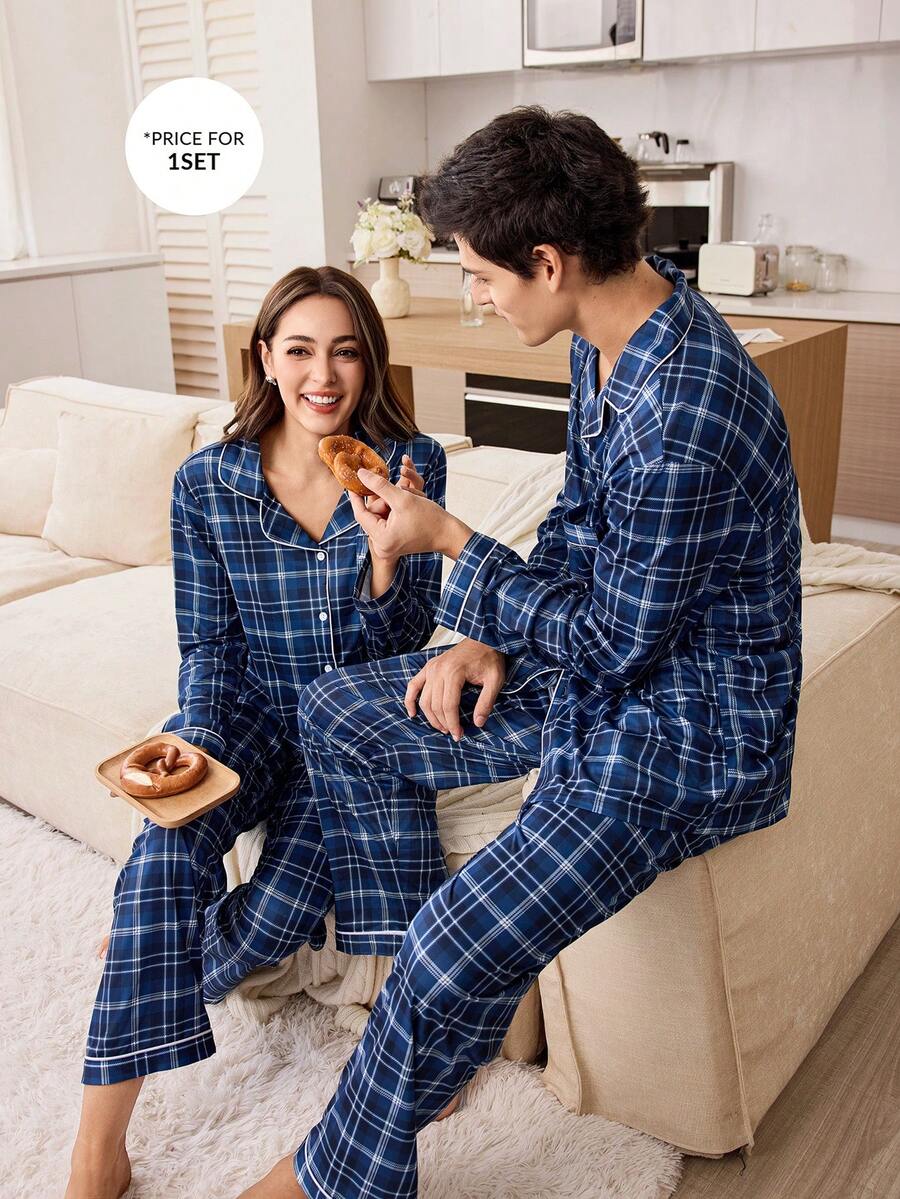 Men's Casual Plaid Print Long Sleeve Shirt And Pants Pajama Set, Autumn/Winter - Navy Blue - View 1