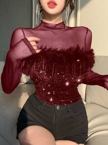 DAZY Spring New Sheer Mesh Patchwork Textured Party Style Women T-Shirt New Years Glitter Top Y2k - Burgundy - View 5