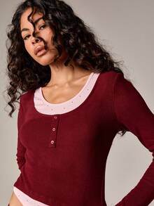 AiiRZ Burgundy Ribbed Long Sleeve Crop Top Wide Leg Pants Lounge Set With Pink Contrast Trim And Button Details - Burgundy - View 3