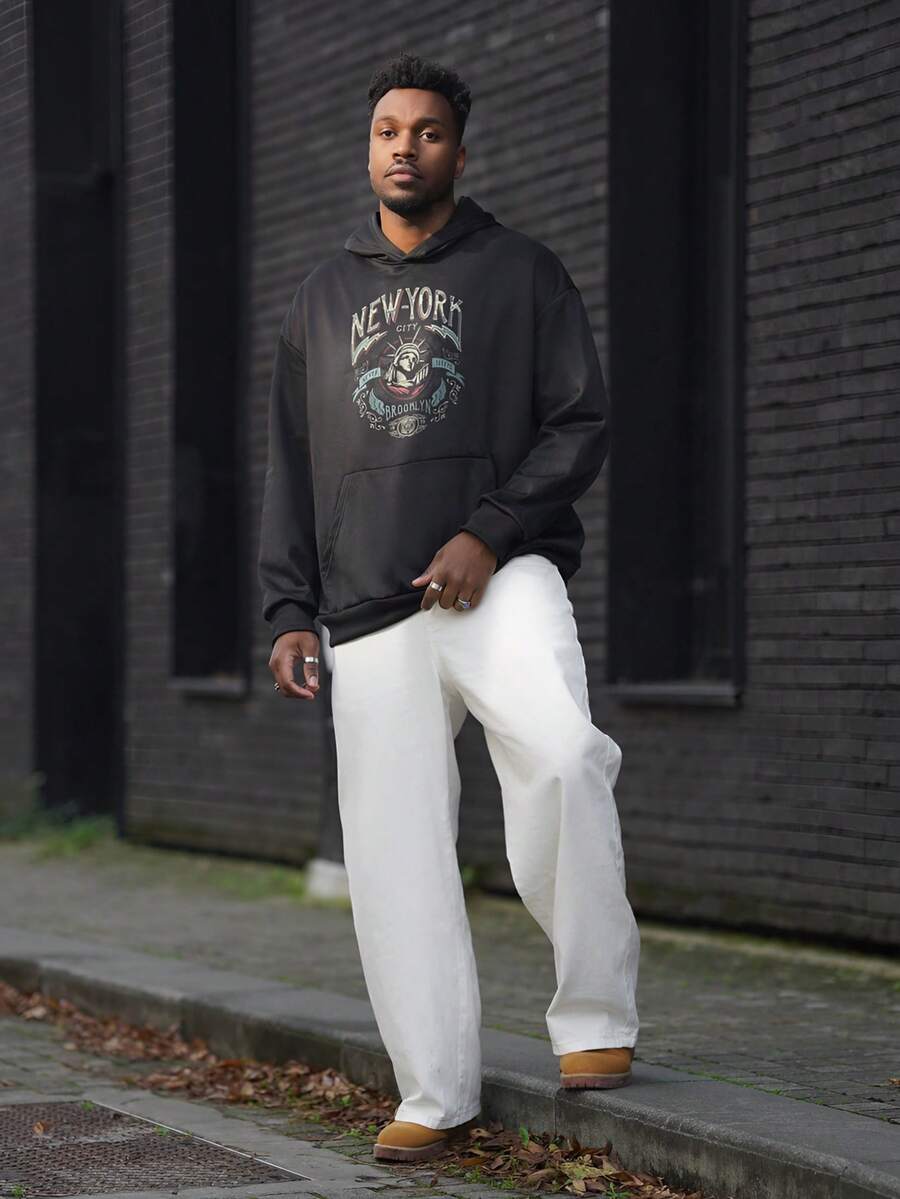 Heavens Edit 男士字母图案落肩连帽衫，秋季款 - 黑色 - 查看 1