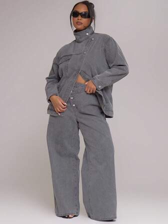 MUSERA Plus Aysemetric Waist Button Wide Leg Denim Jeans Fall Autum Winter Streetwear Cool Girl Y2K Everyday Casual Sepia