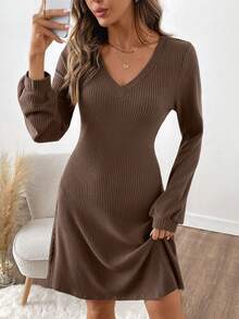 SHEIN Clasi Váy len ngắn tay dài cổ chữ V màu nâu chải kỹ dành cho nữ, mùa thu/đông - màu nâu - Xem 7