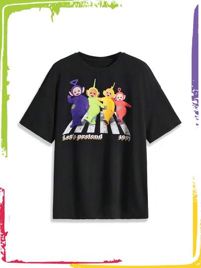 Teletubbies X ROMWE Camiseta de manga corta de cuello redondo con gráfico de letras y dibujos animados, casual de verano para mujer