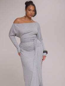 MUSERA Robe longue à manches longues avec épaules dénudées, nouée, côtelée. Tenue de tous les jours décontractée, Y2K, pour l'automne et l'hiver.