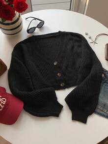 SHEIN EZwear 灯笼袖纽扣前罗纹针织开衫、长袖上衣、秋冬针织毛衣 - 黑色 - 查看 5